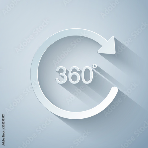 Paper cut Angle 360 degrees icon isolated on grey background. Rotation of 360 degrees. Geometry math symbol. Full rotation. Paper art style. Vector Illustration