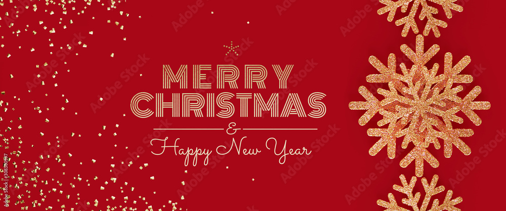 Merry Christmas and Happy New Year web banner. Golden glitter snowflake on red background. 3d rendering illustration. Merry Christmas and Happy New Year web banner. Golden glitter snowflake on red background. 3d rendering illustration.