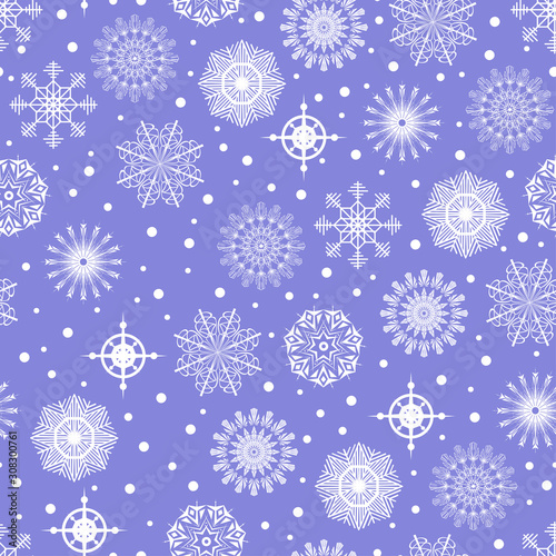 Seamless vector winter pattern. White snowflakes on a blue background. Christmas festive illustration for textiles, wallpaper, posters, wrapping paper. New Year snow Set. Elements of the winter season