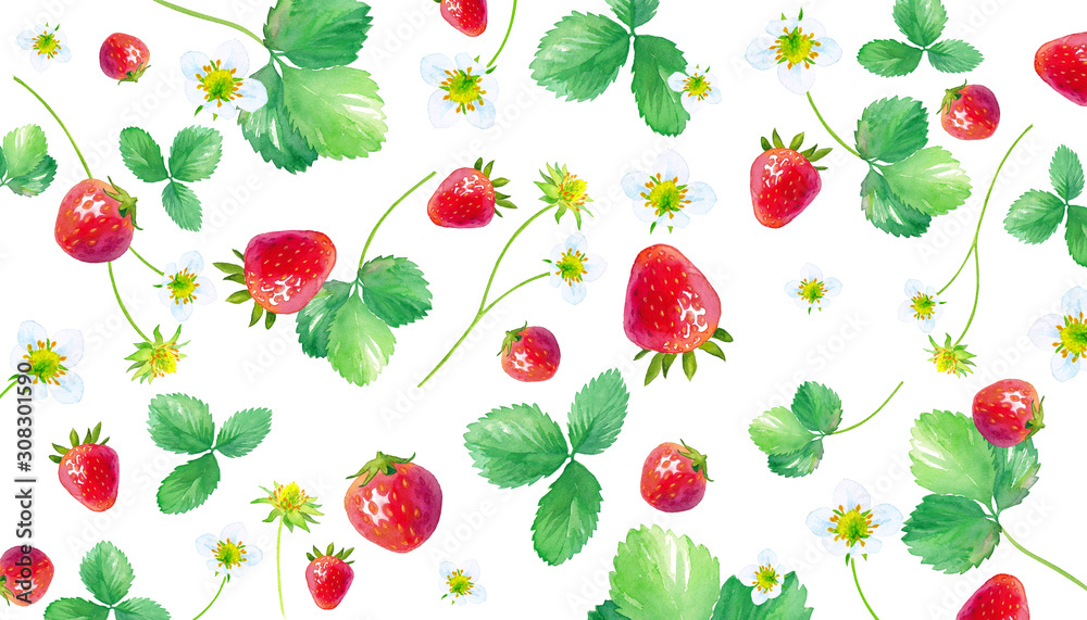 イチゴの水彩イラスト 葉と花と実をちりばめたパターン Stock イラスト Adobe Stock