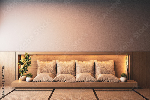 Ryokan room interior with sofa wooden on hiden light wall design.3D rendering photo
