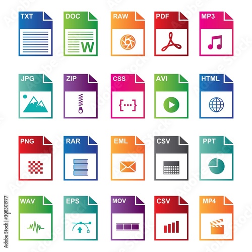 Big Collection of vector icons, file extensions diverse icons set isolated - stock vector