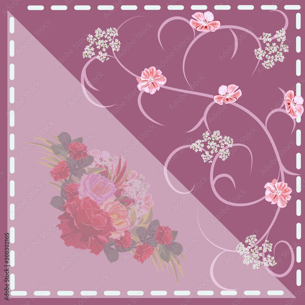 Square flower arrangement. Vintage floral pattern for printing on scarves, postcards, carpets, bandanas, napkins, home textiles, covers, pareos.