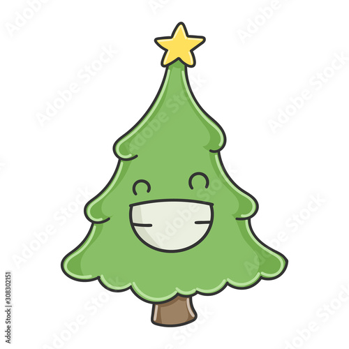 Happy smiling christmas tree cartoon character isolated on white