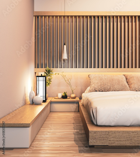 bedroom design japanese wooden with battens and hiden light wall design.3D rendering
