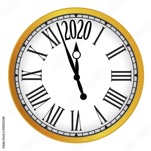 2020 New Year gold classic clock on white background.