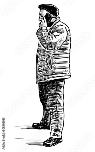 Sketch of casual townsman standing on street and talking a mobile phone