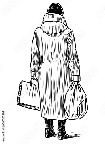 Sketch of elderly townswoman with bags standing on street in wait