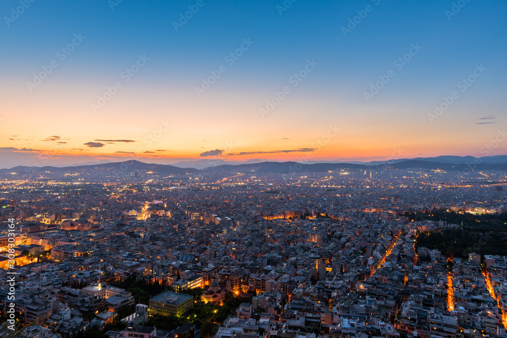 View over the Athens at dusk from Lycabettus hill, Greece.