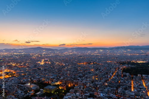 View over the Athens at dusk from Lycabettus hill, Greece.