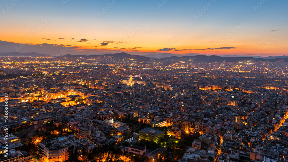 View over the Athens at night from Lycabettus hill, Greece.