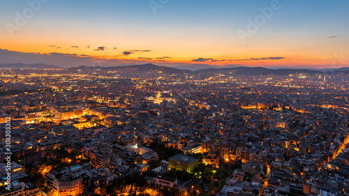 View over the Athens at night from Lycabettus hill, Greece.