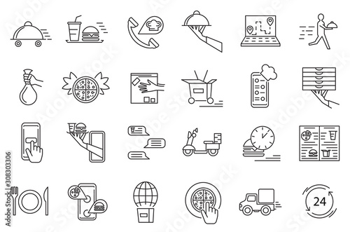 Food Delivery Sign Black Thin Line Icon Set. Vector