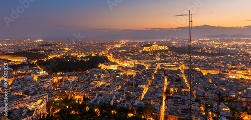 View over the Athens at night from Lycabettus hill, Greece.