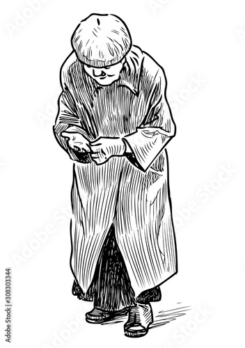 Sketch of poor old woman standing on the street and collecting alms