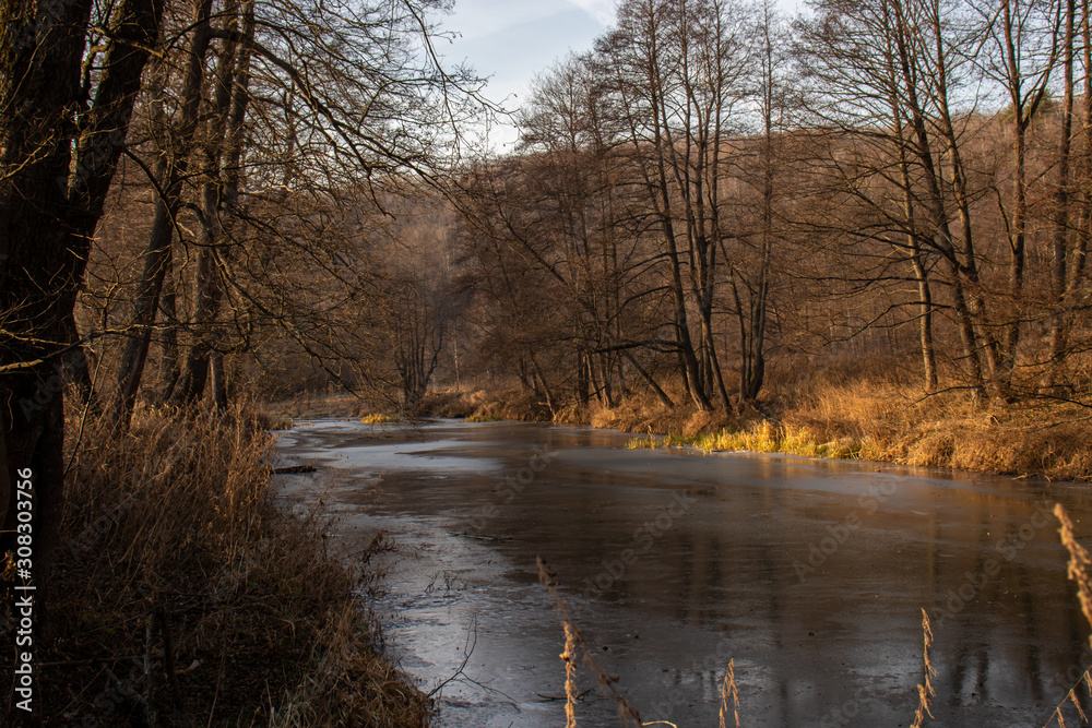 Frozen river in the forest at the beginning of December, Russia Frozen river in the forest at the beginning of December, Russia