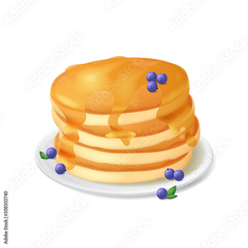 Realistic Detailed 3d Pancake Mix with Syrup and Blueberries. Vector