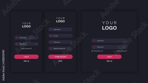 Mobile login screen for app and site. Interface elements