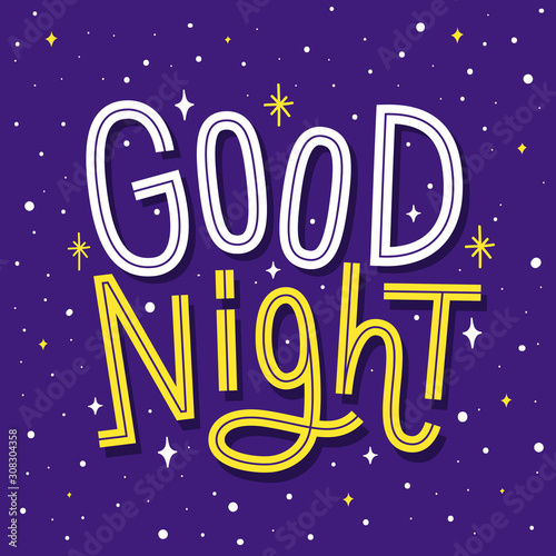 Good night phrase on the night sky with stars. Funny inscription in childish cartoon style. 
