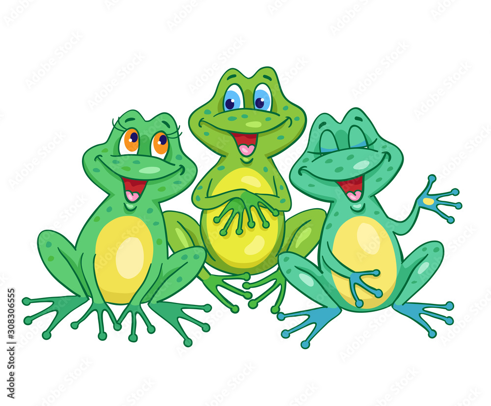 Frogs choir. Three funny frogs sing sitting on a meadow. In cartoon style, isolated on white background. Vector illustration.