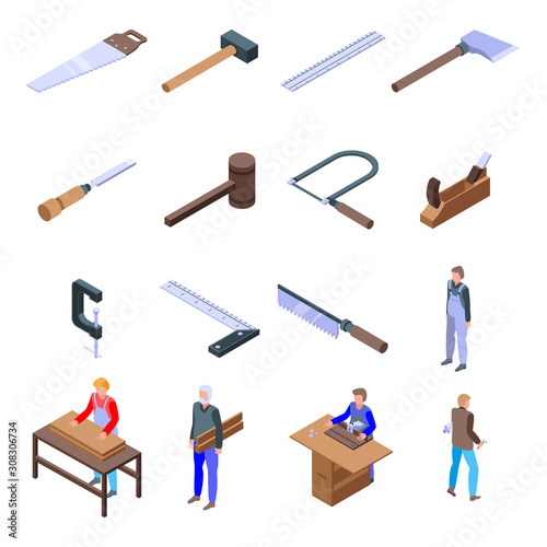 Carpenter icons set. Isometric set of carpenter vector icons for web design isolated on white background