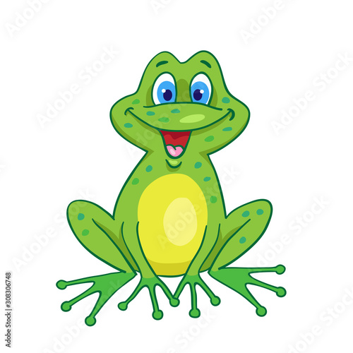 Funny smiling frog in cartoon style sits isolated on white background.  Vector illustration.