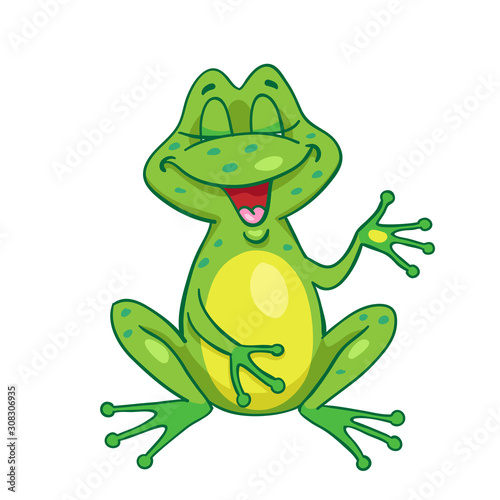 Funny frog croaks sitting on the meadow. In cartoon style, isolated on white background. Vector illustration.