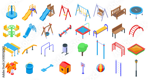 Kid playground icons set. Isometric set of kid playground vector icons for web design isolated on white background photo
