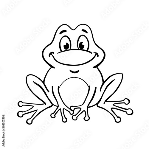 Cute frog in cartoon style, drawing in a black outline. Isolated on white background. For coloring book. Vector illustration.