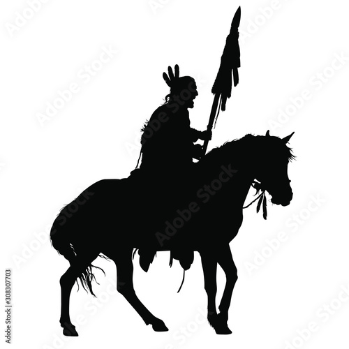 A vector silhouette of an American Indian warrior riding a horse.
