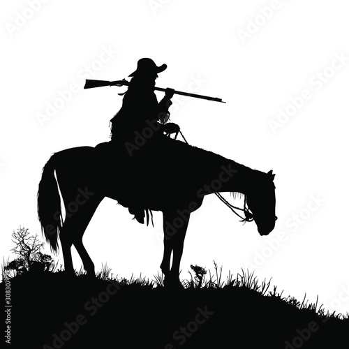 A vector silhouette of a wild west (18th century) mountain man on a horse. photo