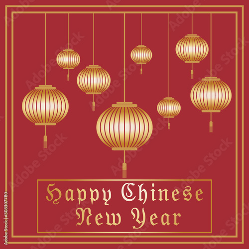 Happy Chinese New Year typography with Chinese lanterns. Vector illustration. For greeting card, flayer, poster, banner or website template, Stock vector
