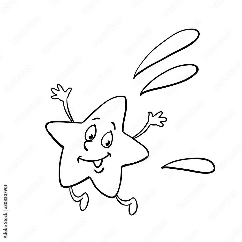 Funny shooting star in a black contour. In cartoon style. Isolated on white background. For coloring book. Funny shooting star in a black contour. In cartoon style. Isolated on white background. For coloring book.