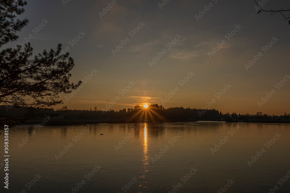 Fototapeta premium Rouda and Olesnicky novy pond in sunset time in winter evening
