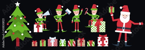 Christmas elf - Santa helper poses. Elves in red green clothes and various gift boxes with ribbons. Vector illustration.