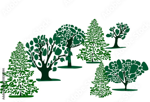 painted trees green trees coniferous and deciduous in abstraction on isolated white background