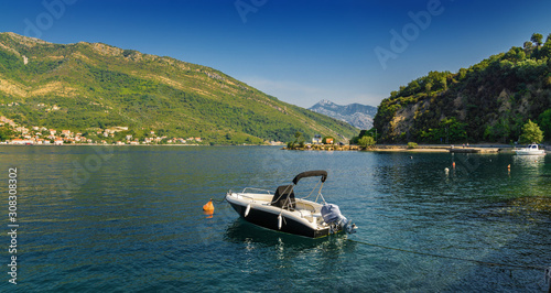 Sunny morning view of Kotor bay and coastal road near Tivat  Montenegro.