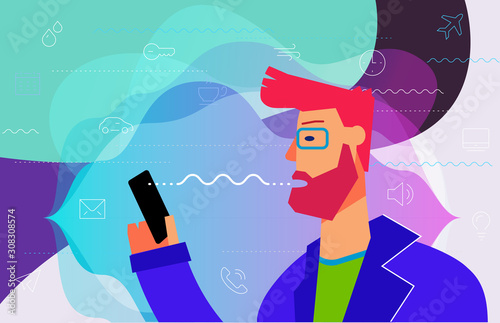Using voice assistant Concept Banner. Trendy Character Design Illustration