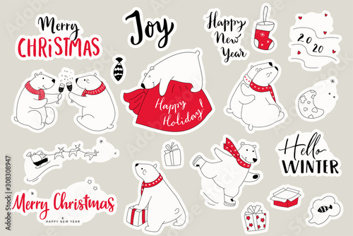 Set of christmas stickers of polar bears. Cartoon collection with cute bears and hand draw lettering Merry Christmas.