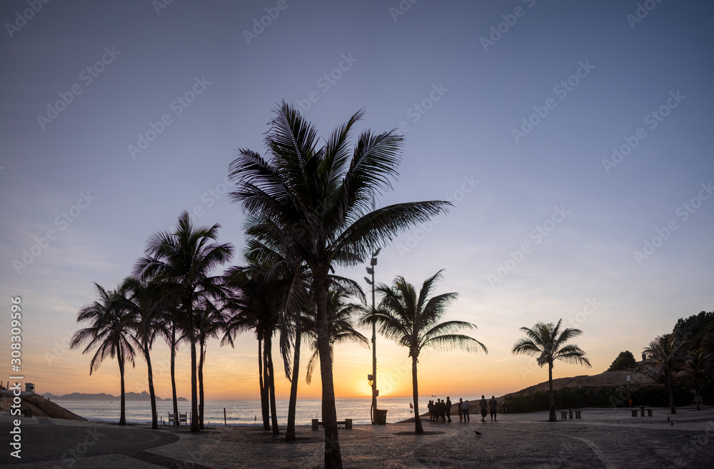 Sunrise on the Arpoador boulevard with the Devils beach and silhouetted palm trees in Rio de Janeiro against a clear orange and blue sky