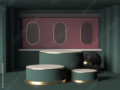 3d background render image of geometric podium showcase product background.dark green and red color look art deco design.luxury podium design.