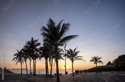 Sunrise on the Arpoador boulevard with the Devils beach and silhouetted palm trees in Rio de Janeiro against a clear orange and blue sky © Maarten Zeehandelaar