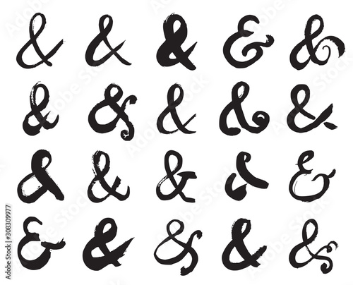 Ampersand Symbols. Collection on 20 Black Hand Painted Ampersand Signs Isolated On a White Background. Vector Illustration