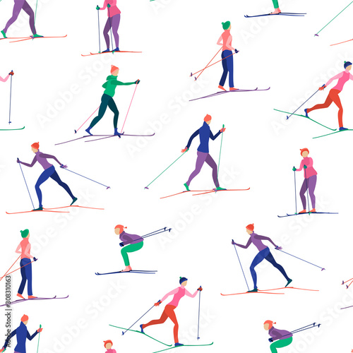 Bright winter background with skiers. Cross-country skiing. Active sports in winter outdoors.