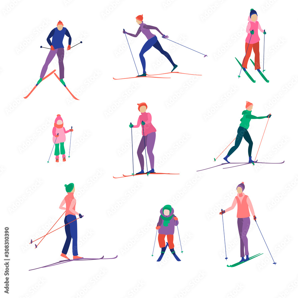 Set of bright abstract skiers. Men, women, children skiing, active winter sports.