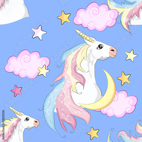 Seamless unicorn pattern. Magic background with cute unicorns  clouds and stars.