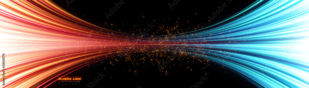 Power energy. Futuristic Flash. Magic sparks. Neon lines. Glow effect. Beautiful light. Glint cosmic rays. Mystical shine streaks. Empty place. Abstract background. Vector EPS10 - obrazy, fototapety, plakaty 