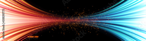Power energy. Futuristic Flash. Magic sparks. Neon lines. Glow effect. Beautiful light. Glint cosmic rays. Mystical shine streaks. Empty place. Abstract background. Vector EPS10
