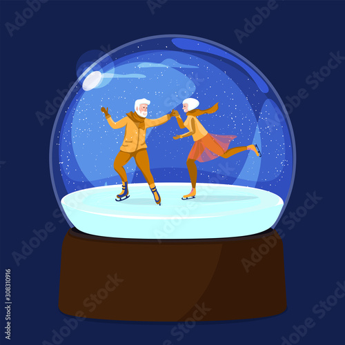Glass snow globe with an elegant adult pair of skaters. Gift happy New year and merry Christmas.