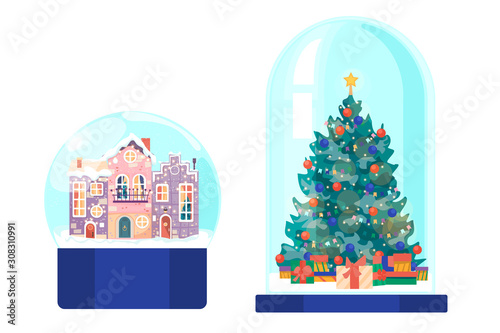 Souvenir glass ball with cute houses and a glass bulb on a stand with a Christmas tree and gifts. Design element for greeting and postcard, template Happy New year and Christmas.
